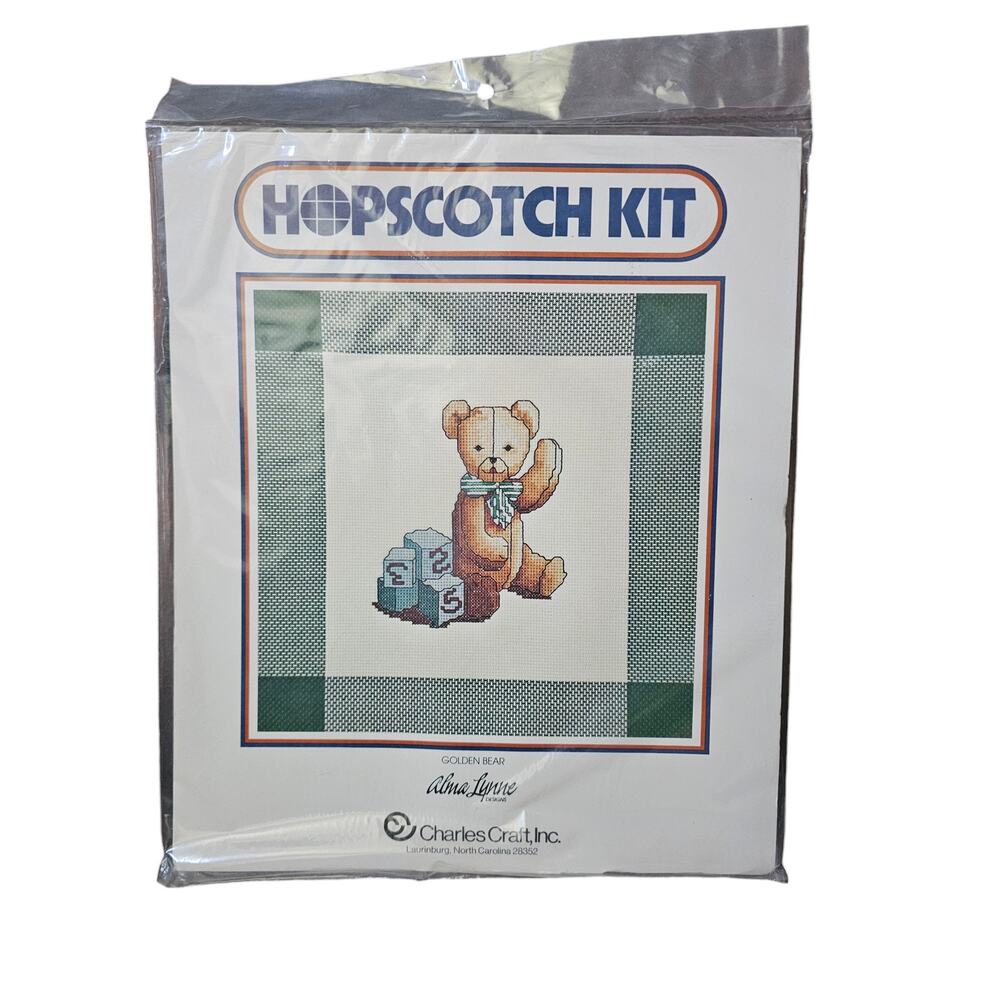 Alma Lynne Hopscotch Kit " Golden Bear" Vintage 12" X 10" Crosstitch Kit